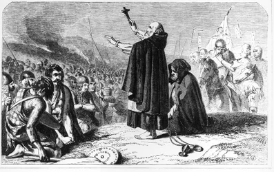 El abad de Inchaffray bendiciendo al ejército escocés antes de la Batalla de Bannockburn, 21 de junio de 1314, grabado por T. Bolton